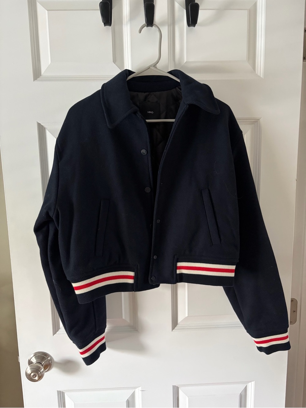 Navy Cropped Bomber Jacket with Striped Trim
